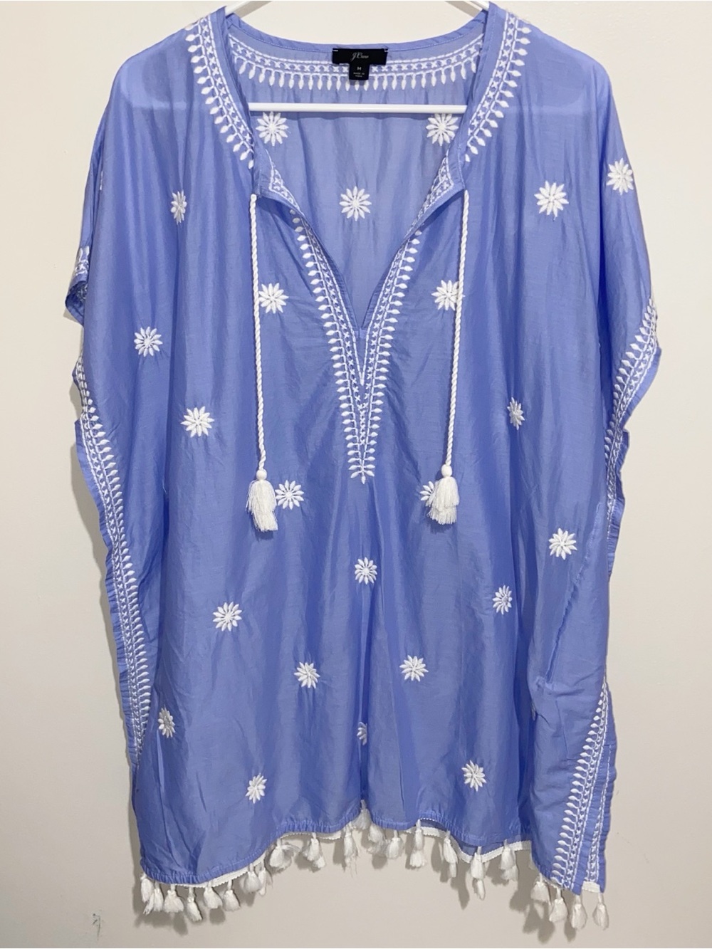 J. Crew Top Womens Medium Embroidered Indian Cotton Beach Tunic Blue Boho Tassel